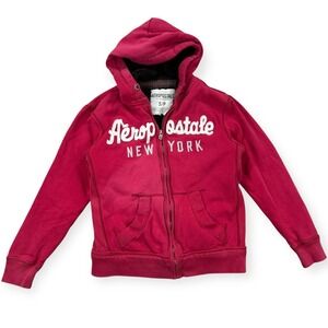 Y2K Aeropostale Sweatshirt Women's Small Red Hoodie Sherpa Lined Thrashed